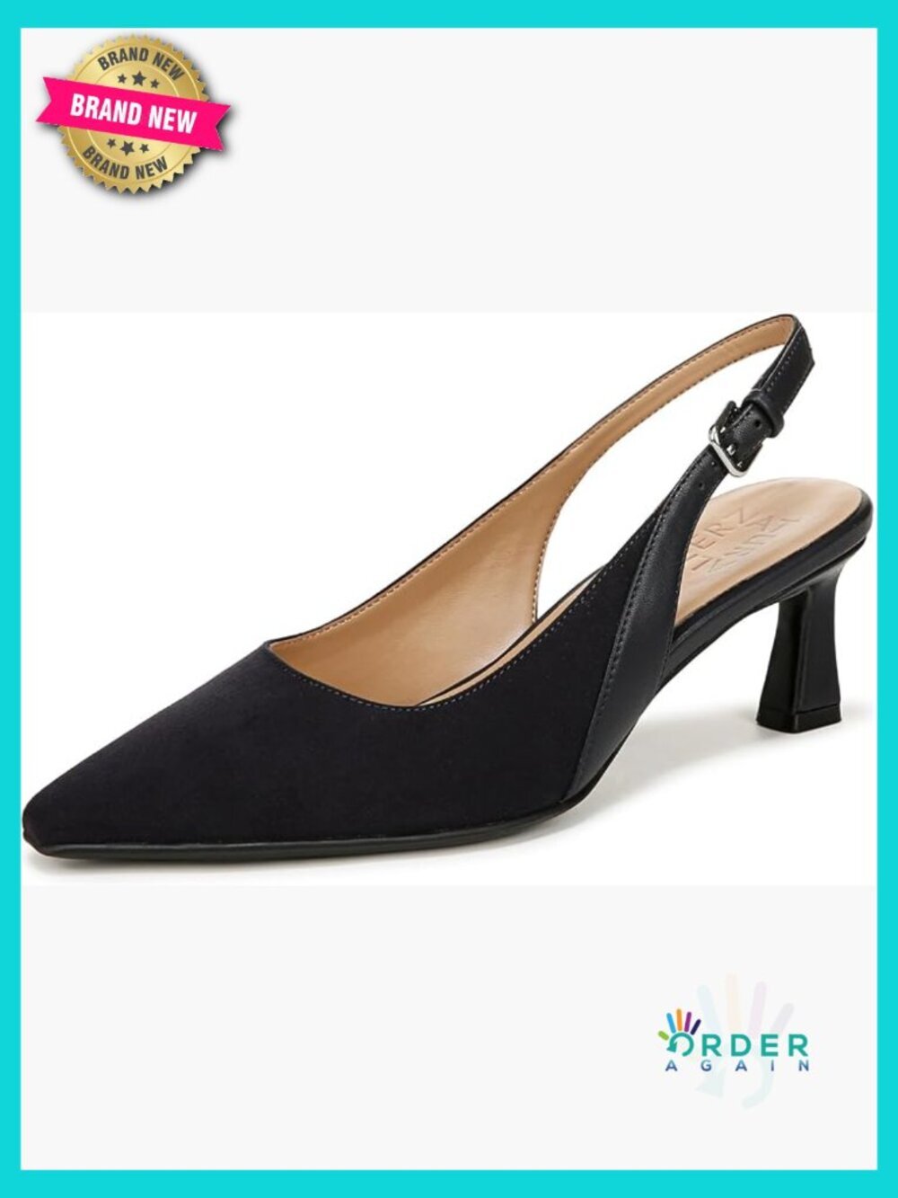 Slingback Pointed Toe Pump with Flared Heel and Adjustable Buckle